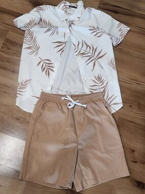 SHEIN White Button-Up Shirt with Beige Leaf Print & Tan Drawstring Shorts